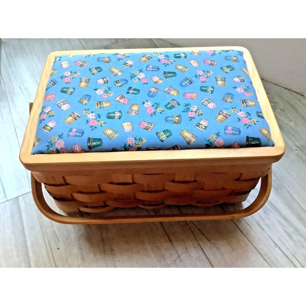 Vintage Wicker Sewing Basket Storage Box Blue Padded Lid Handle Cottagecore
